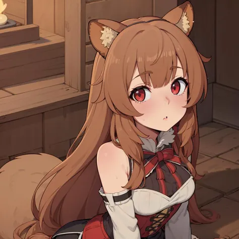 (masterpiece, best quality), young, Raphtalia, 1girl, solo, long hair, looking at viewer, brown hair, red eyes, animal ears, fluff, raccoon girl, <lora:raphtalialora_v2NSFW:0.3>