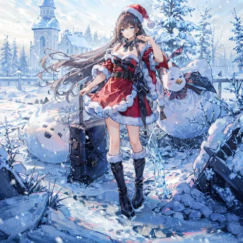 masterpiece, high quality, highres, ultra-detailed, abstract background, solo, 1girl,santa hat, Christmas, santa dress, skirt, standing, full body, brown hair, blue eyes, long hair, santa boots, snowing, snow  <lora:minimalistAnimeStyle_v10:-1>