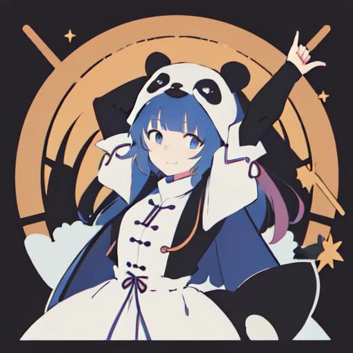 musketeer, <lora:adventurers_v1:0.8>, Beautiful Art Style, 1girl, young woman, looking at viewer, photogenic, sunset, arms up, panda costume, <lora:animeTarotCardArtStyleLora_v31:0.8>, anime minimalist,  <lora:minimalistAnimeStyle_v10:0.6>