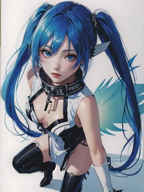 masterpiece, best quality:1.4, absurdres, highres, wallpaper, illustration, best shadow, anime, realistic, 
1girl, solo, petite, nymph (sora no otoshimono), blue hair, long hair, twintails, blue eyes, beautiful detailed eyes, chain, white elbow gloves, bla...