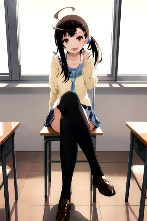 masterpiece, best quality,
school uniform,open mouth,crossed legs, sittin on desk,detailed face,
1girl, classroom,  full body,smile