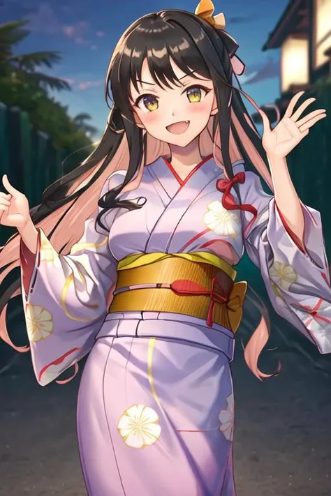 best quality, masterpiece, highres, solo, {yukata:1.40}, {kimono:1.20}, {naganami_kantaicollection:1.15}, multicolored_hair, pink_hair, black_hair, long_hair, two-tone_hair, yellow_eyes, smile, fang, wavy_hair, ribbon, open_mouth, bow, blush, breasts, hair...