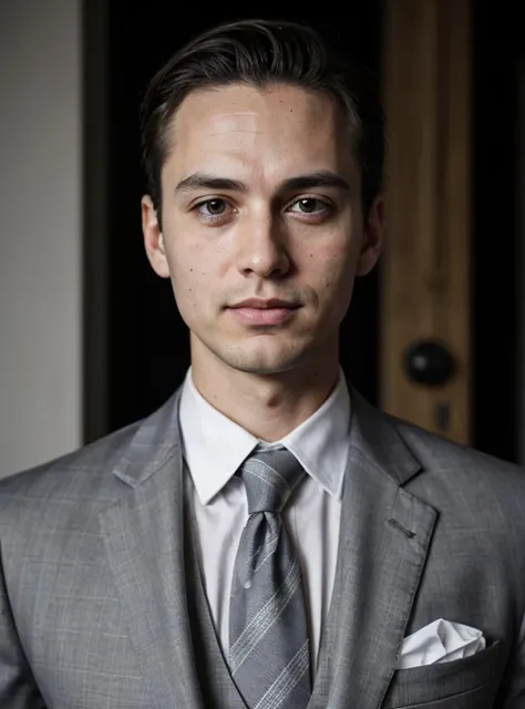 arafed man in a suit and tie standing in front of a door