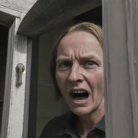 a close up of a woman looking out of a window