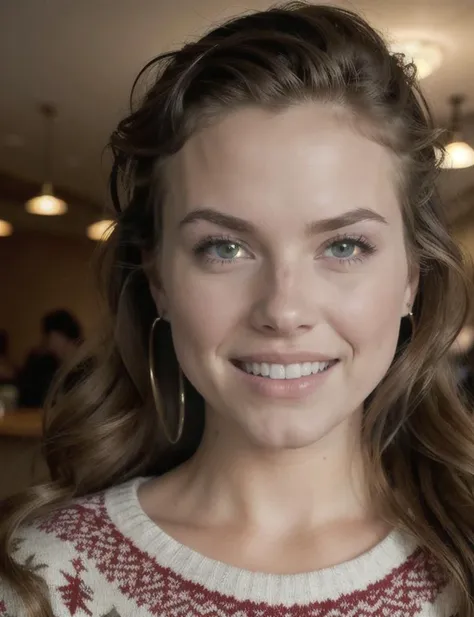 a woman with long hair and a sweater smiling at the camera