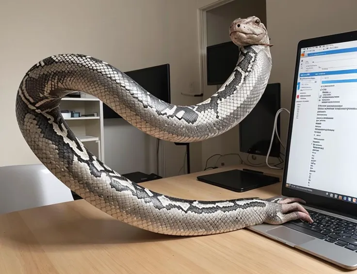 araffe sitting on a desk with a laptop and a snake