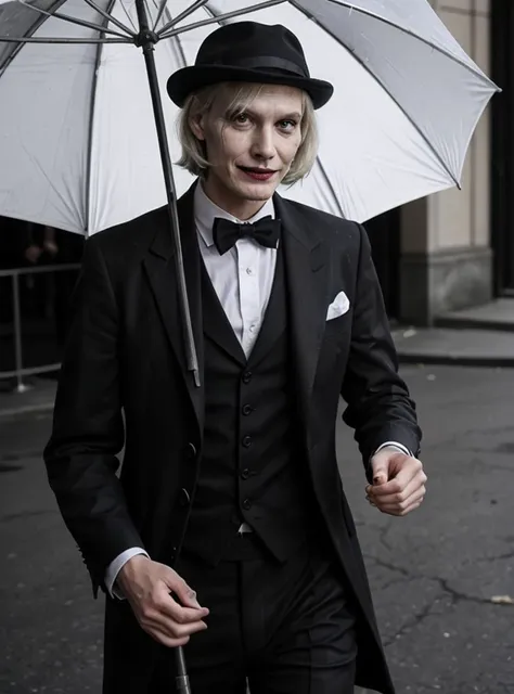 arafed man in a suit and hat holding an umbrella