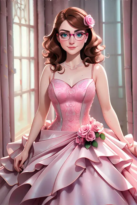 a woman in a pink dress and glasses sitting on a window sill