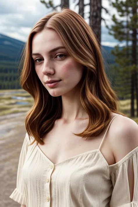 European woman, closeup, (shirt), pants, (yellowstone), (), ZM_lydia, wide shoulders, perfect face, (contact iris: 1.1), pale skin, skin pores , depth of field