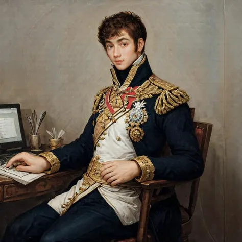 <lora:Antoine-Jean-Gros-V1:0.6> ajgneoclassicsmv1, a man wearing a military uniform sitting in an office using a (computer:1.3)