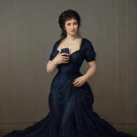 <lora:Antoine-Jean-Gros-V1:0.6> ajgneoclassicsmv1, a woman wearing a dark blue gown (talking on a cellphone:1.3)