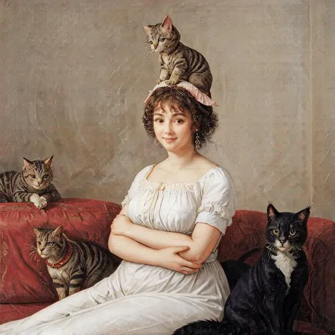 <lora:Antoine-Jean-Gros-V1:0.6> ajgneoclassicsmv1, a woman sitting, smiling, with a (cat on her head:1.3)