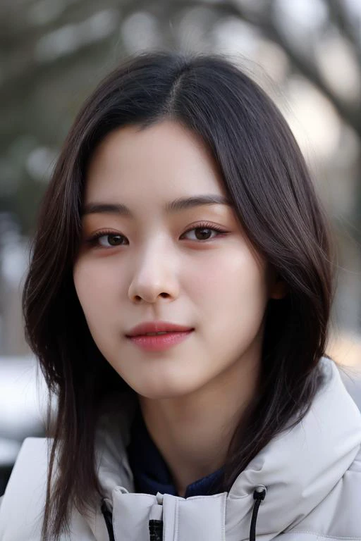 a close up of a woman with long hair wearing a jacket