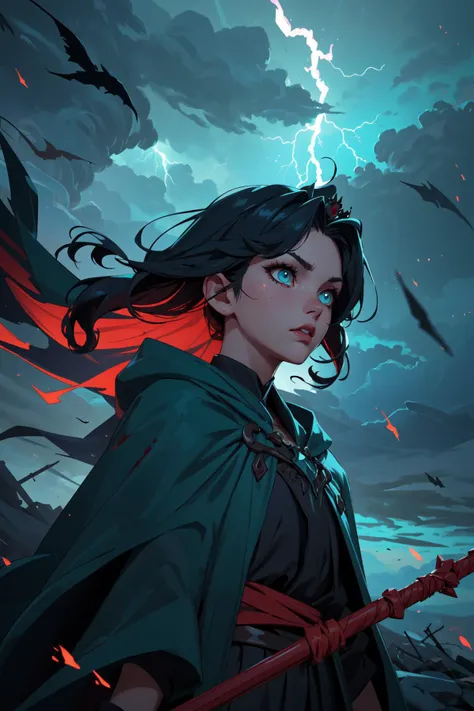 a woman with a sword and a cape standing in front of a lightning