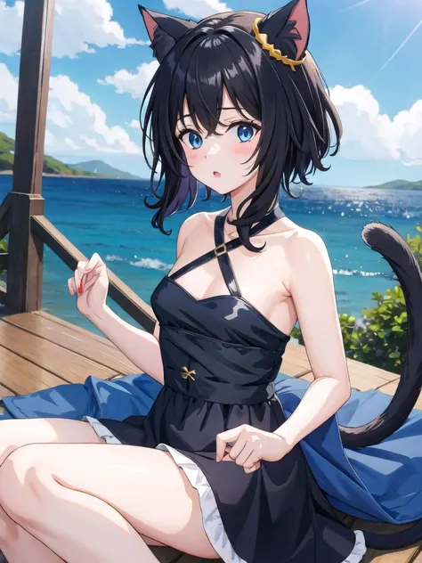1girl, fran, cat tail, cat ears, black hair, blue eyes, tail, hair ornament, crossed bangs, animal ear fluff, short hair, [small breasts], <lora:StS-FranRAAS:0.9>