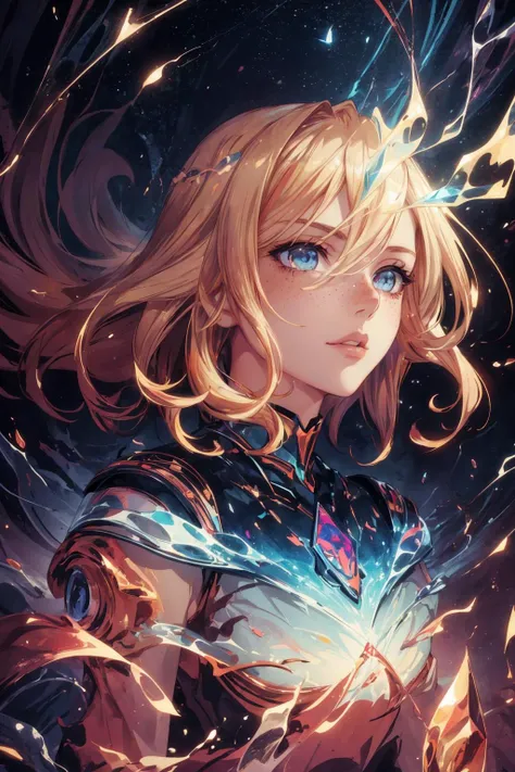 a girl with blonde hair and blue eyes holding a sword