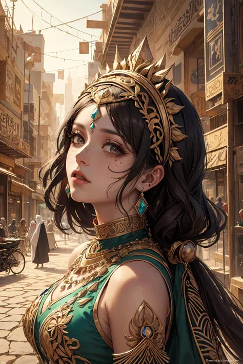 a woman in a green dress and gold headpiece standing in a street