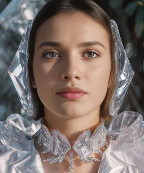 a close up of a woman wearing a plastic head covering