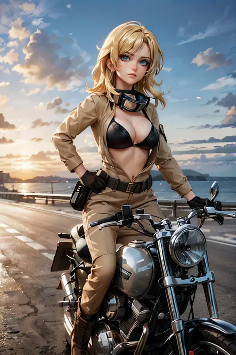 EvaMetalGearSolid,blonde hair, blue eyes, goggles around neck, jumpsuit, belt, unzipped, cleavage, black bra, boots, looking serious, riding motorcycle, outside, road, distant ocean, sunset,  high quality, masterpiece,  <lora:EvaMetalGearSolid:.7>