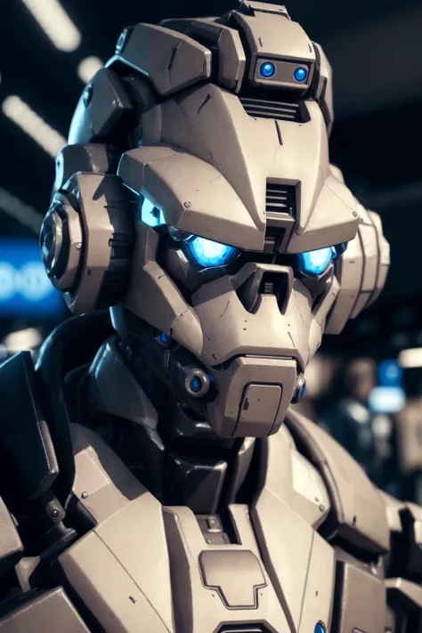 a close up of a robot with blue eyes and a helmet