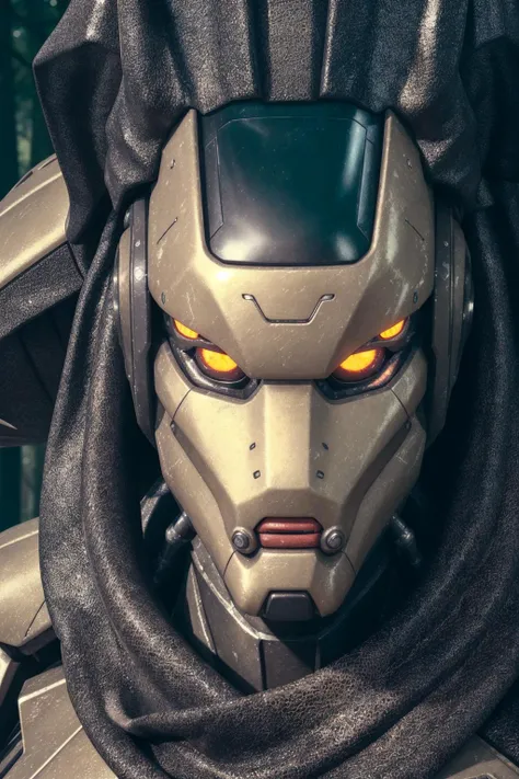 a close up of a robot with a hood on