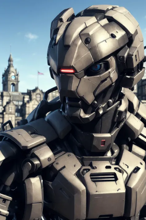 a close up of a robot in a futuristic suit with a city in the background