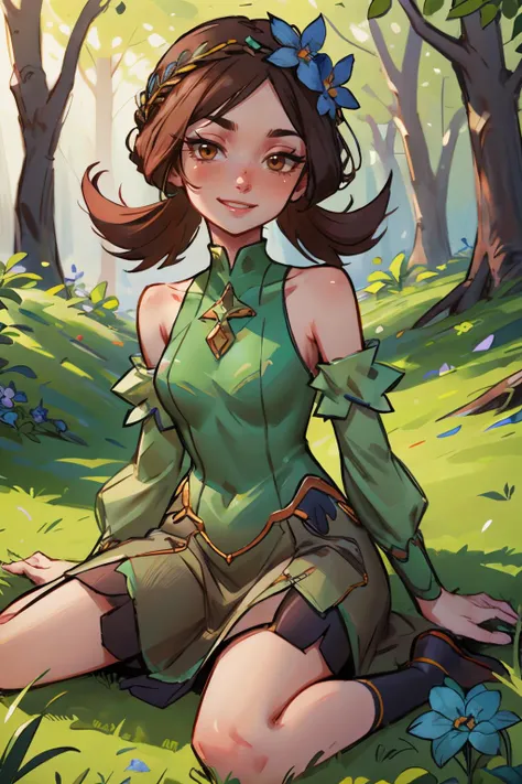 lyra,brown eyes, brown hair, green dress, hair band, blue flower, detached sleeves, looking at viewer, serious, smiling, sitting, wariza, on grass, outside, forest, natural lighting, high quality, masterpiece, <lora:Lyra:.8>