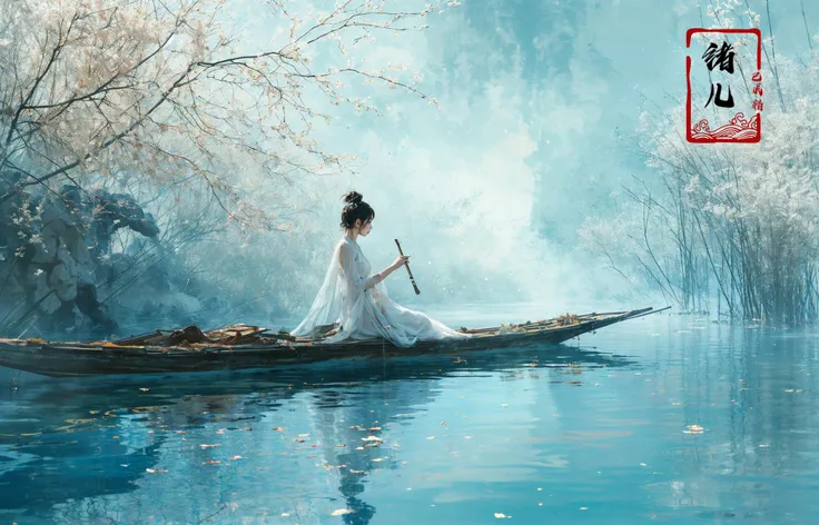 ((masterpiece))), (((best quality))), ((super detailed)), (highly detailed computer illustration), ((extremely delicate and beautiful)),  long raft with,
1girl, tree, solo, water, instrument, sitting, outdoors, black hair, chinese clothes, dress, white dre...