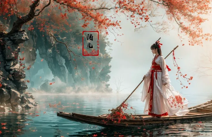 ((masterpiece))), (((best quality))), ((super detailed)), (highly detailed computer illustration), ((extremely delicate and beautiful)),  long raft with,
boat, watercraft, 1girl, solo, long hair, water, tree, black hair, outdoors, hanfu, chinese clothes, h...