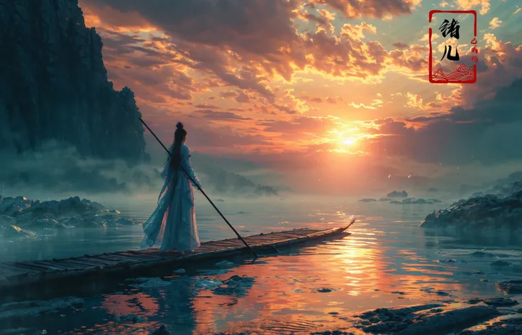 ((masterpiece))), (((best quality))), ((super detailed)), (highly detailed computer illustration), ((extremely delicate and beautiful)),  long raft with,( spear:1.4)
long hair, scenery, cloud, sky, outdoors, solo, water, sunset, holding, standing, mountai...