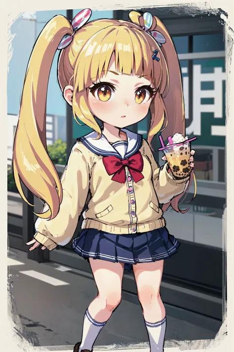 best quality, absurdres, high detail, city, road, bubble tea challenge,
standing, walking, holding cup,
solo, chibi, kokoa, school uniform, hair ornament, hairclip, yellow curdigan, white sailor collar, red bowtie, long sleeves, sleeves past wrists, button...