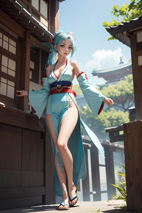 (masterpiece, best quality), 1girl,   <lora:tomoe_v01:1> tomoe_mf, aqua_hair, japanese_clothes, bare_shoulders, detached_sleeves, cleavage, sash, sandals, scarf, red_eyes, hakama