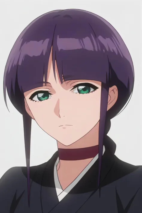 a woman with purple hair and green eyes in a black outfit