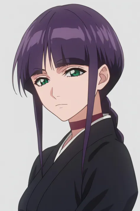 a woman with purple hair and green eyes in a black suit