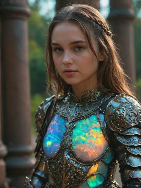 a woman in armor with a glowing bodysuit and a crown