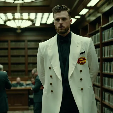 a man in a white suit standing in a library