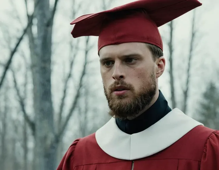 a man in a graduation cap and gown standing in a forest