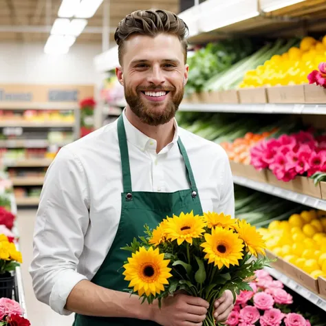 arafed man in apron holding a bunch of sunflowers in a store