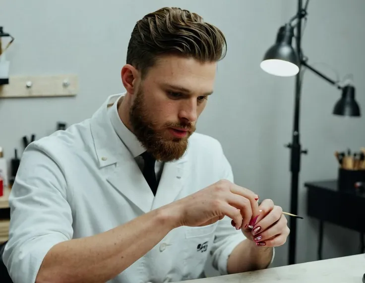 arafed man in a lab coat is cutting a nail with a knife