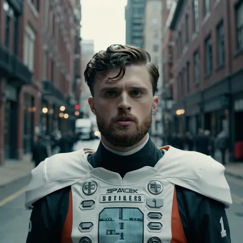 a close up of a man in a football uniform standing on a street