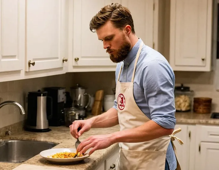 there is a man in a kitchen preparing food on a plate