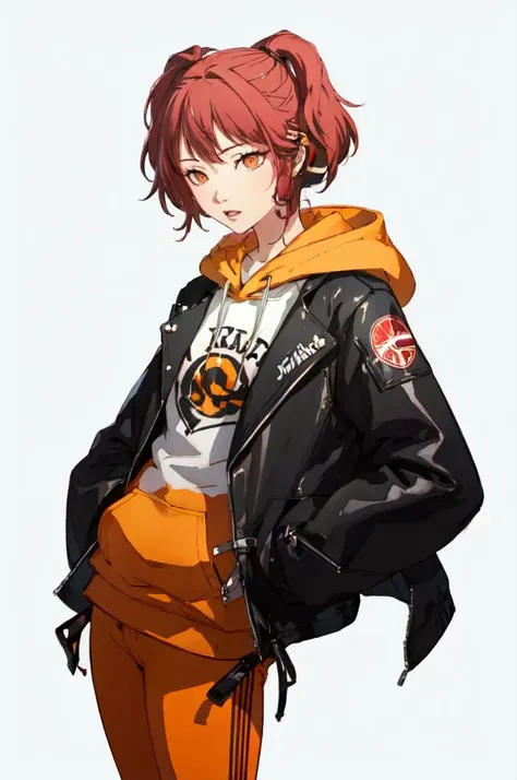 a woman in a jacket and pants with a hoodie