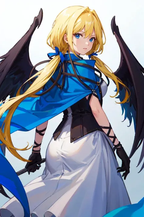 <lora:LowTwintailsHelper:1> low twintails, <lora:RtPL-Malice:0.8> malice_(riviera), black_wings, blonde_hair, long_hair, blue_cape, white_dress, angel_wings, gloves, from behind, looking back,, ultra detailed, masterpiece, best quality, aesthetic, detailed...