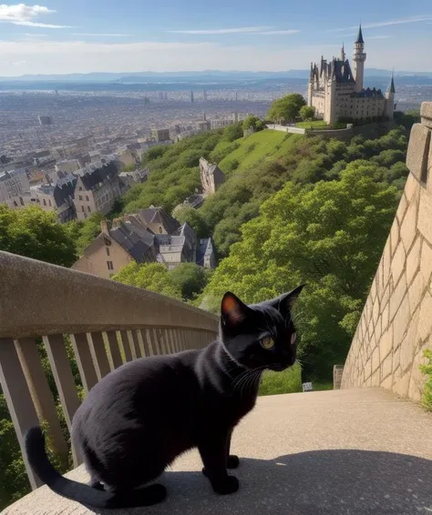 arafed black cat sitting on a ledge overlooking a city