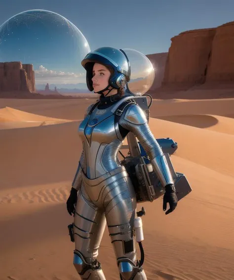 arafed woman in a space suit standing in a desert