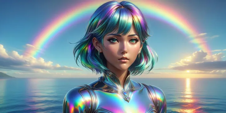 a woman with a rainbow colored hair standing in front of a body of water