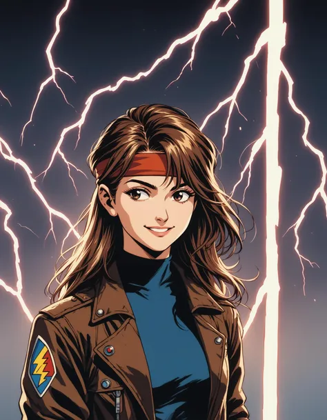 a woman in a brown jacket and blue shirt standing in front of lightning