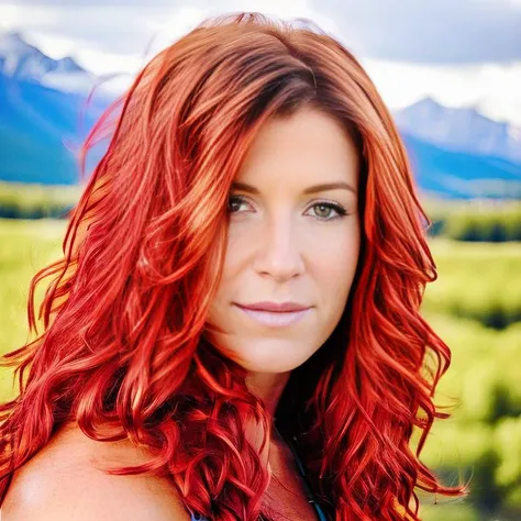 ((((1girl:1.2)))),potrait of poppymontgomery, red hair,  mountains background(masterpiece, extremely detailed skin, photorealistic) ,  <lora:Poppy_Montgomery:0.9>