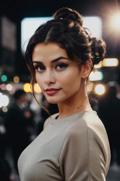 a woman with a messy bun in her hair standing on a street