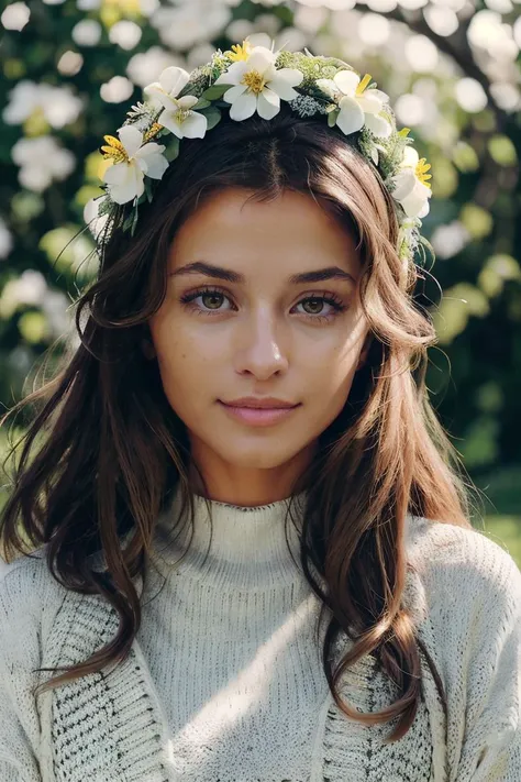 a woman with a flower crown on her head